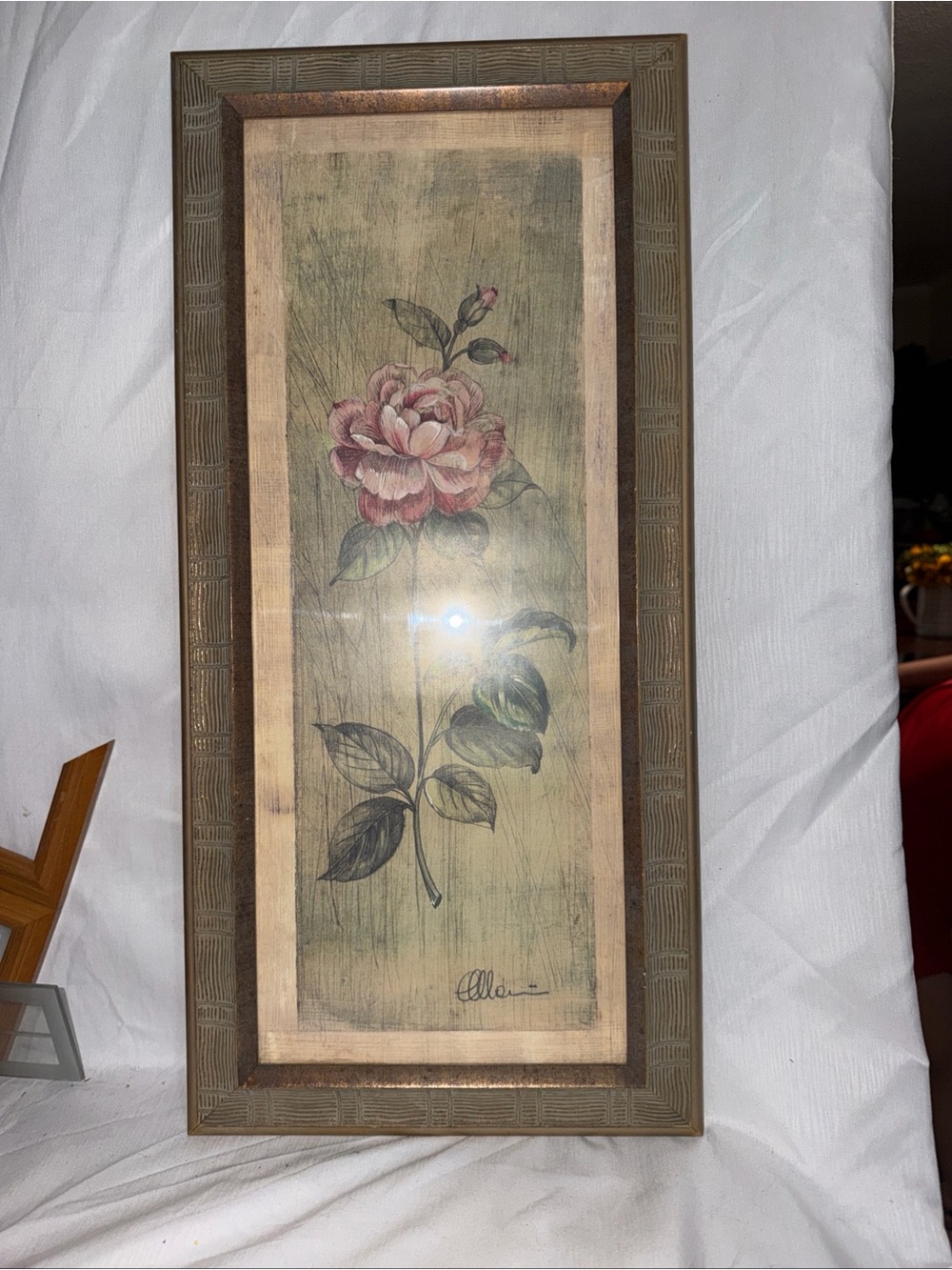 Vintage Mid-Century Floral Rose  Print by Allen, Faux Wood & Gold Frame - Picture 2 of 6
